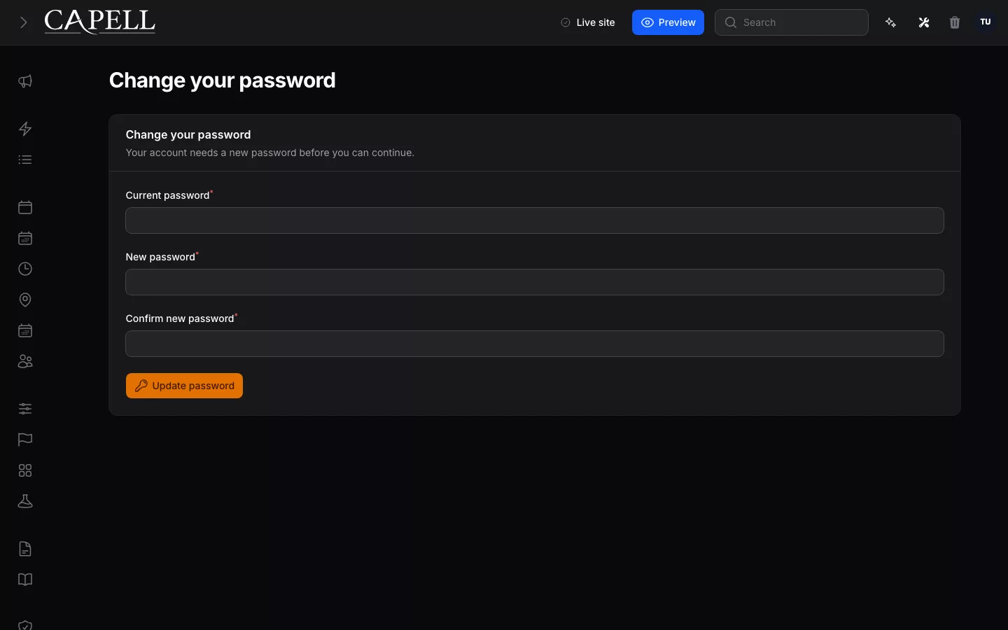 Forced password change form in dark mode