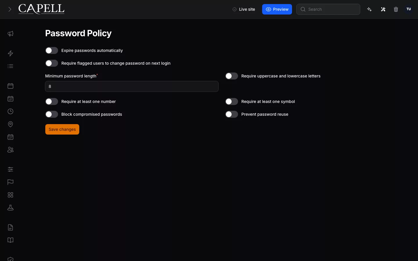Password Policy settings page in dark mode