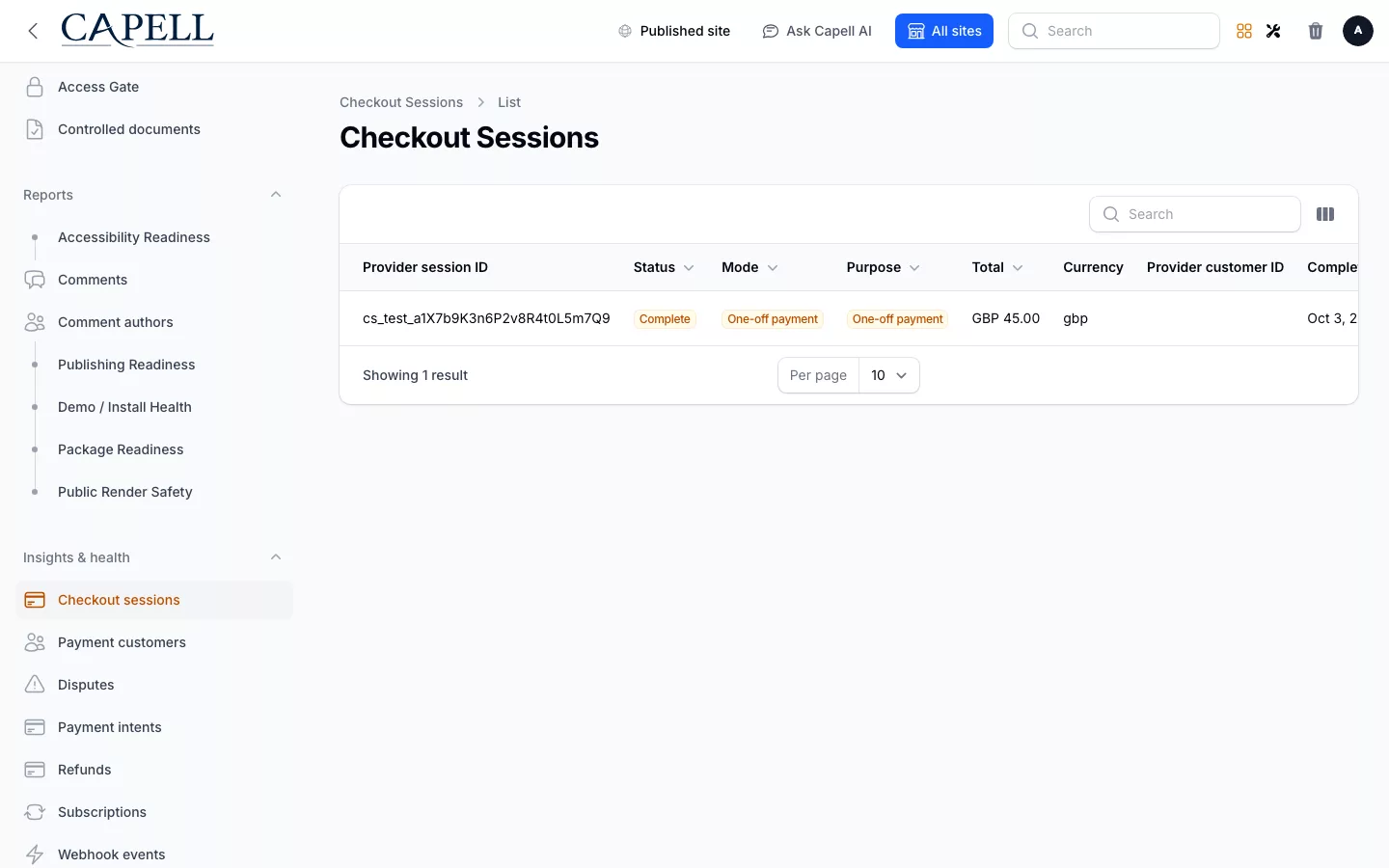Payments screenshot showing payments checkout sessions with admin sidebar menu open.