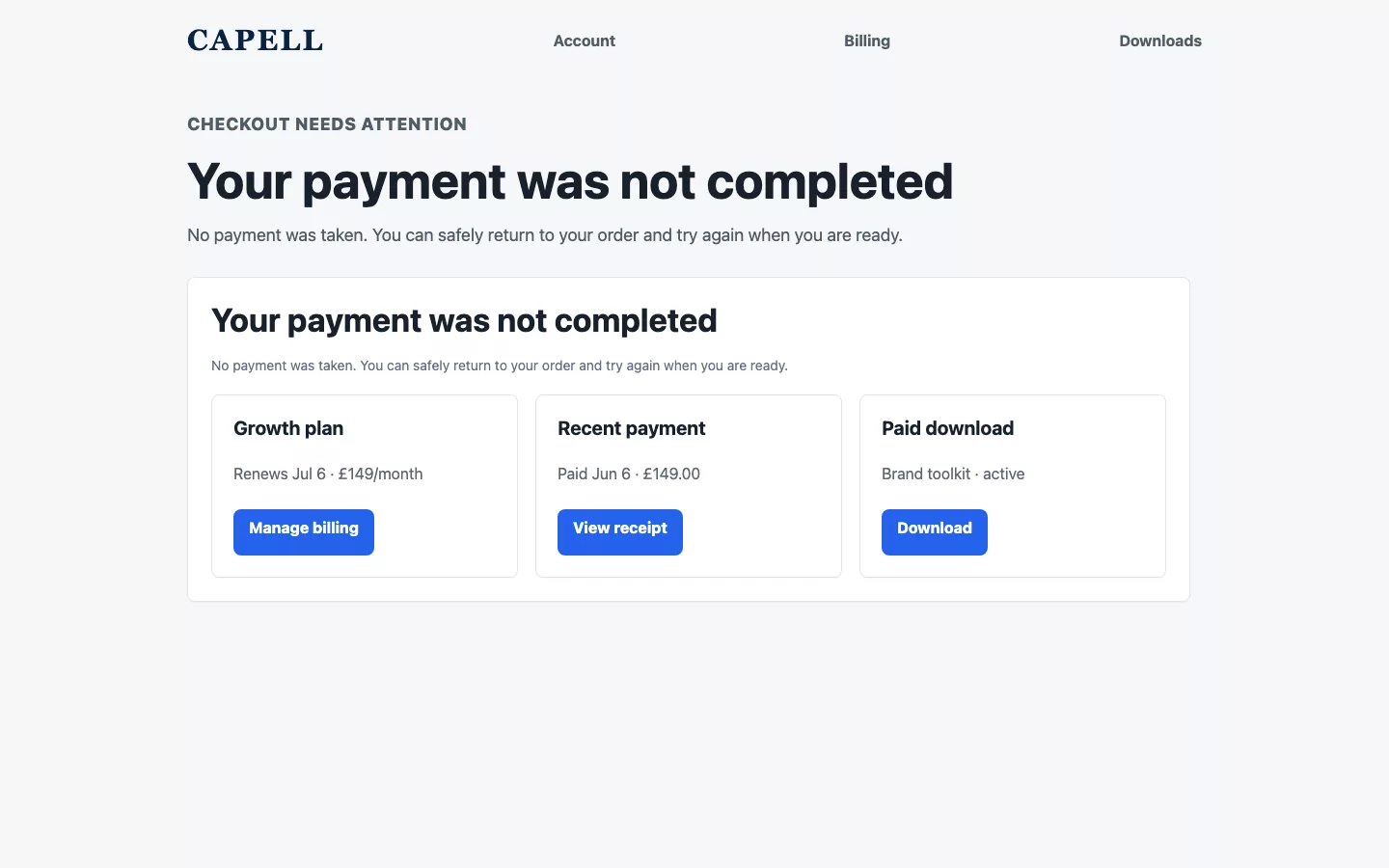 Payments screenshot showing payments checkout failure and return state.
