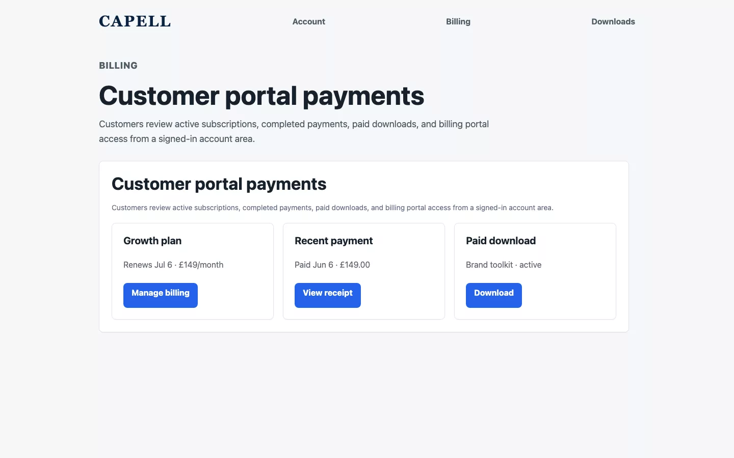 Customer portal billing view with subscriptions, payments, and paid downloads