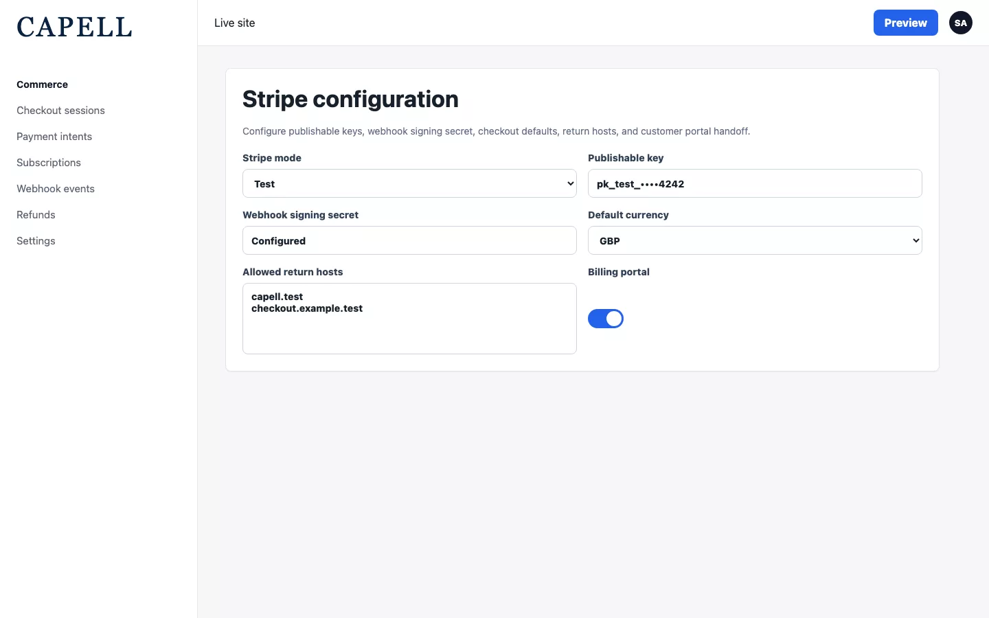 Payments settings page for Stripe Checkout and webhook configuration