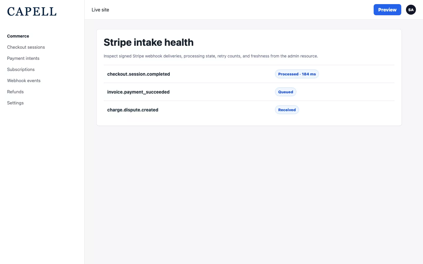 Payments webhook events admin table with Stripe processing states
