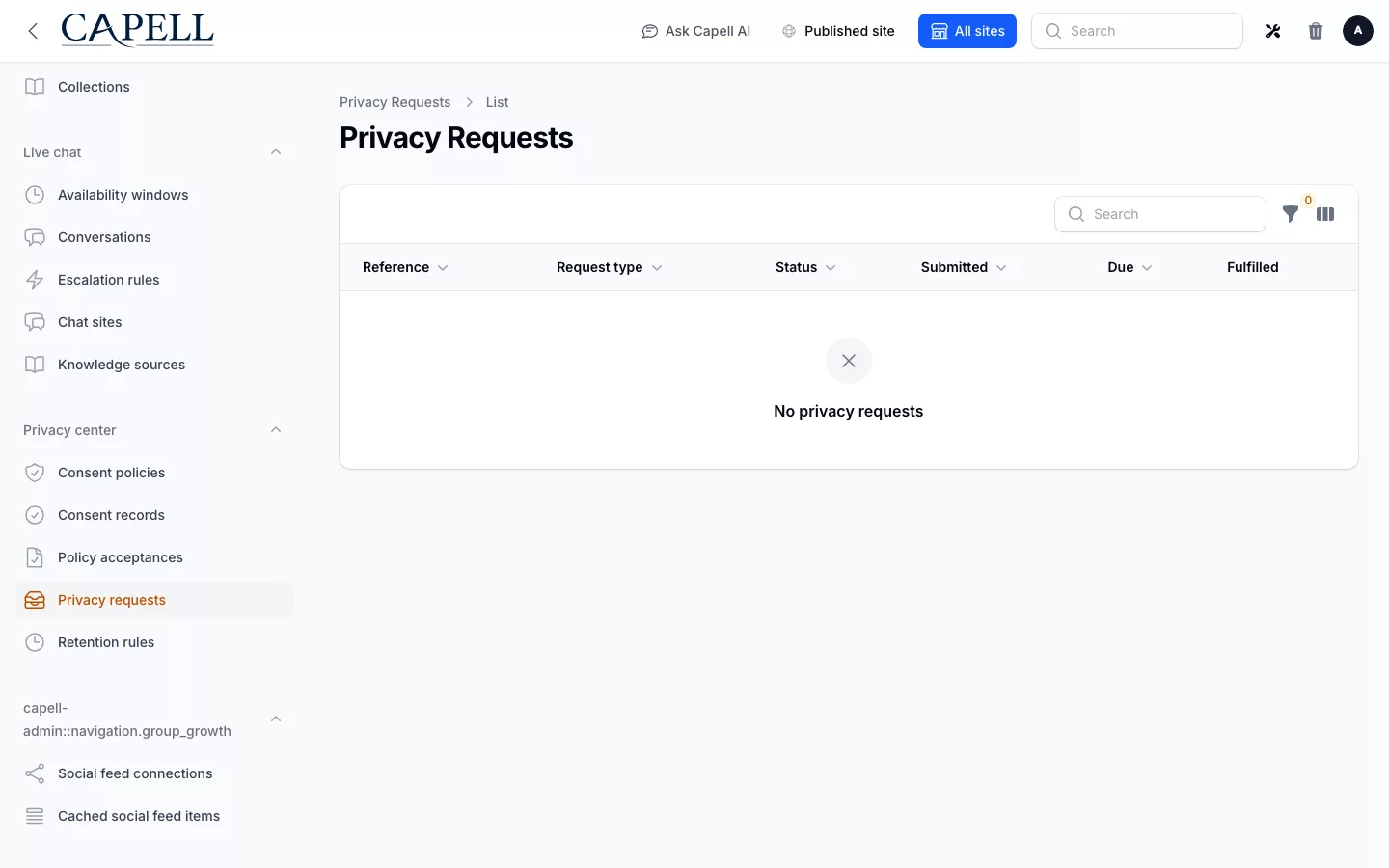 Privacy Center screenshot showing privacy requests admin queue with admin sidebar menu open.