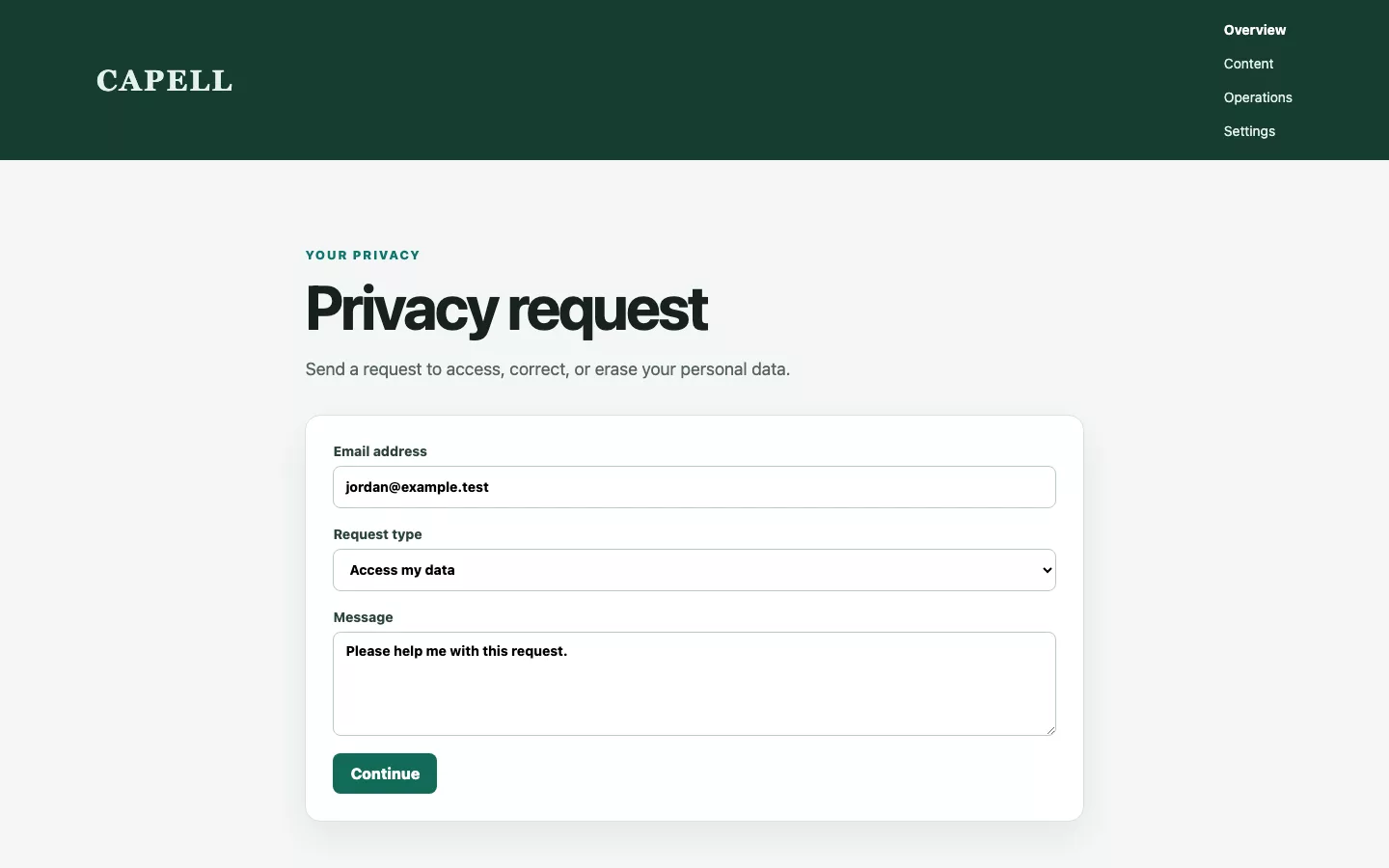 Privacy Center screenshot showing privacy public subject request form.
