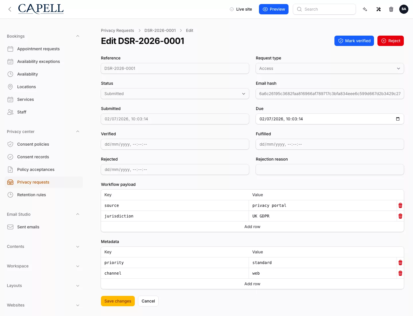 Privacy Center request edit screen with verification and rejection workflow actions.