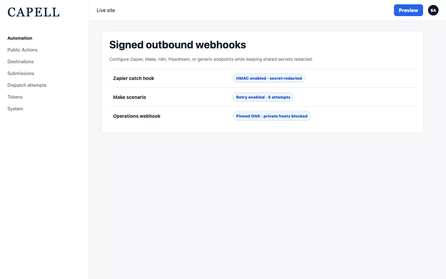Public Action destinations with signed webhooks and redacted secrets