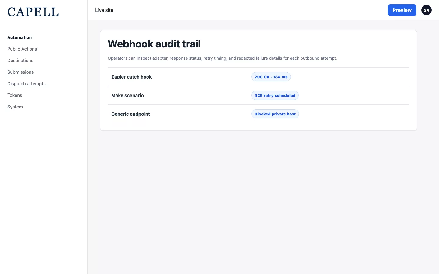 Public Action dispatch attempts audit table with response and retry state