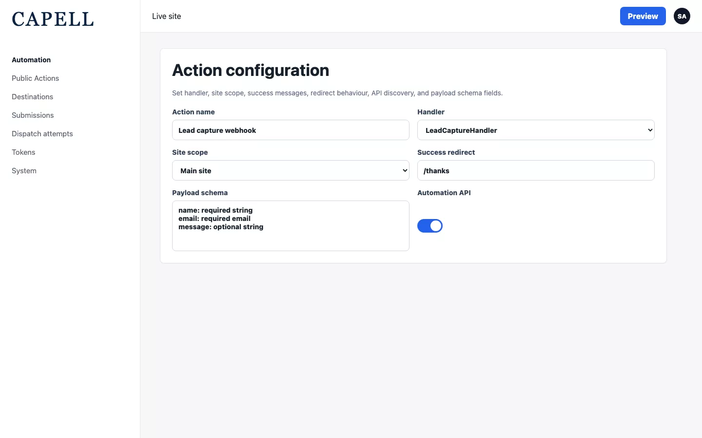 Public Action form showing handler, site scope, redirect, API, and schema settings