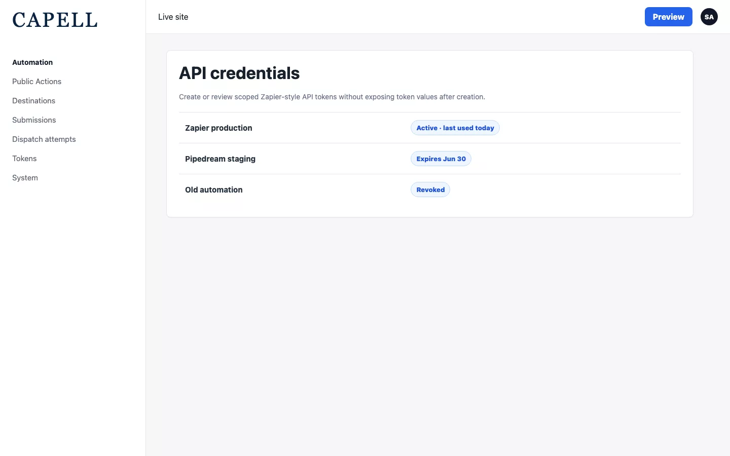 Public Action integration token list without exposed token values