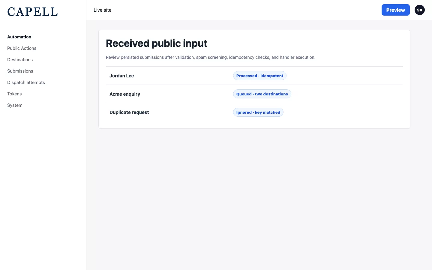 Public Action submissions table showing processed, queued, and duplicate requests