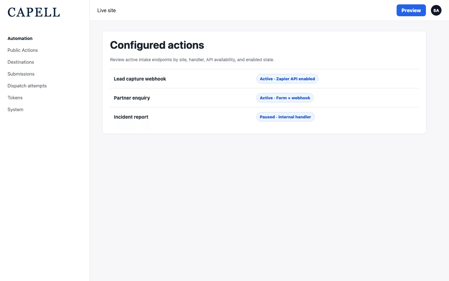 Public Actions admin index with active action rows