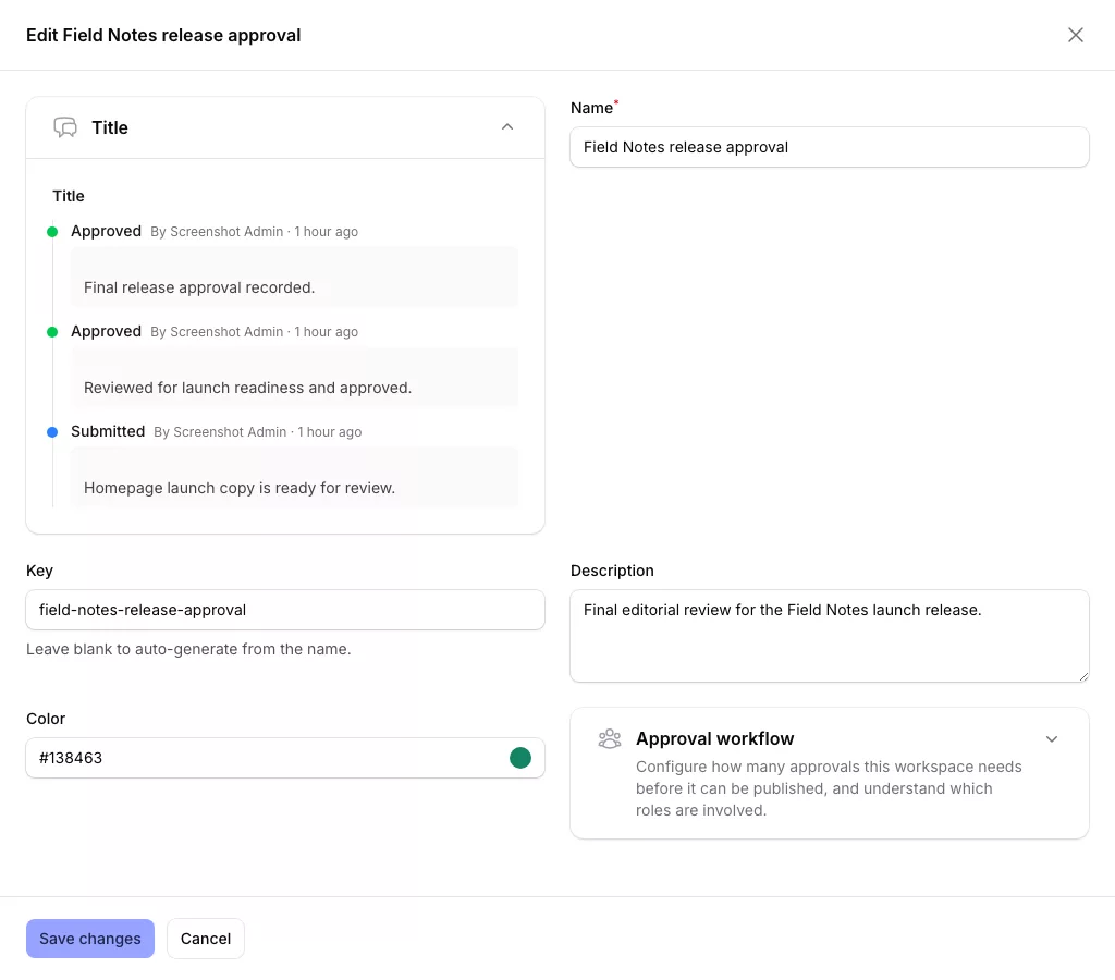 Publishing Studio screenshot showing approval history.
