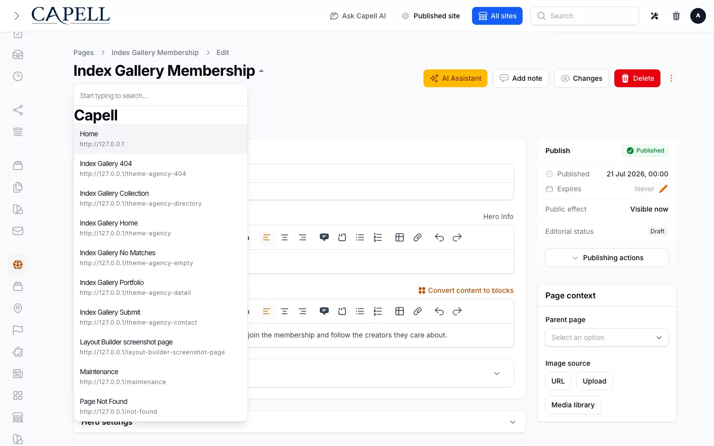 Capell admin edit page with Record Switcher suggestions open