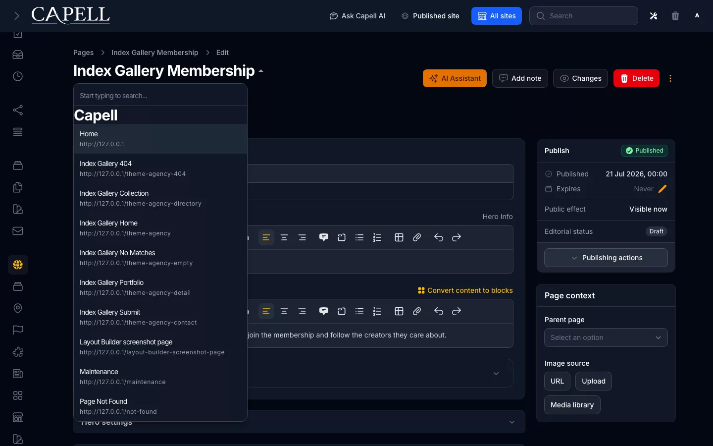 Dark mode Capell admin edit page with Record Switcher suggestions open