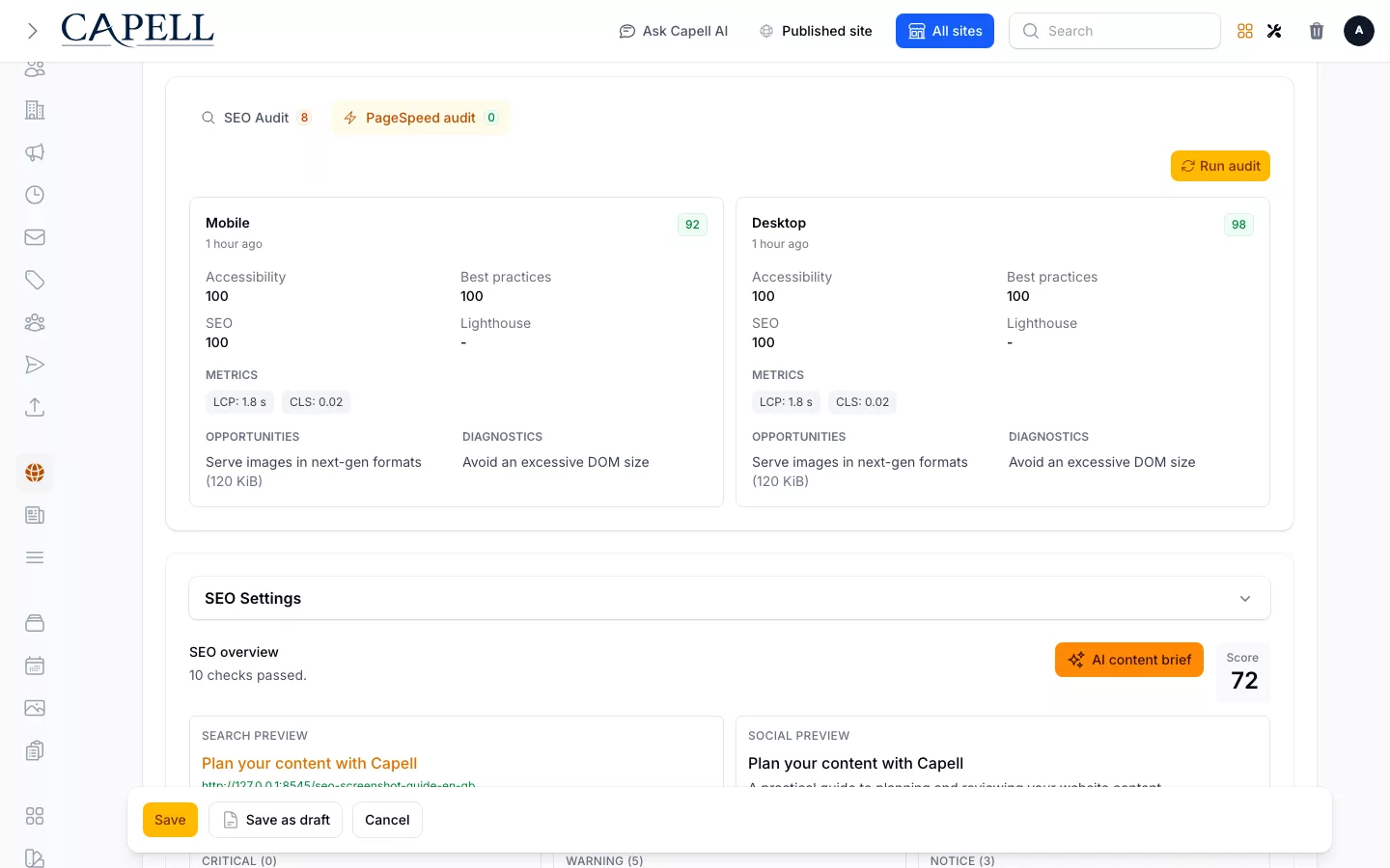 SEO Suite screenshot showing pagespeed audit widget.