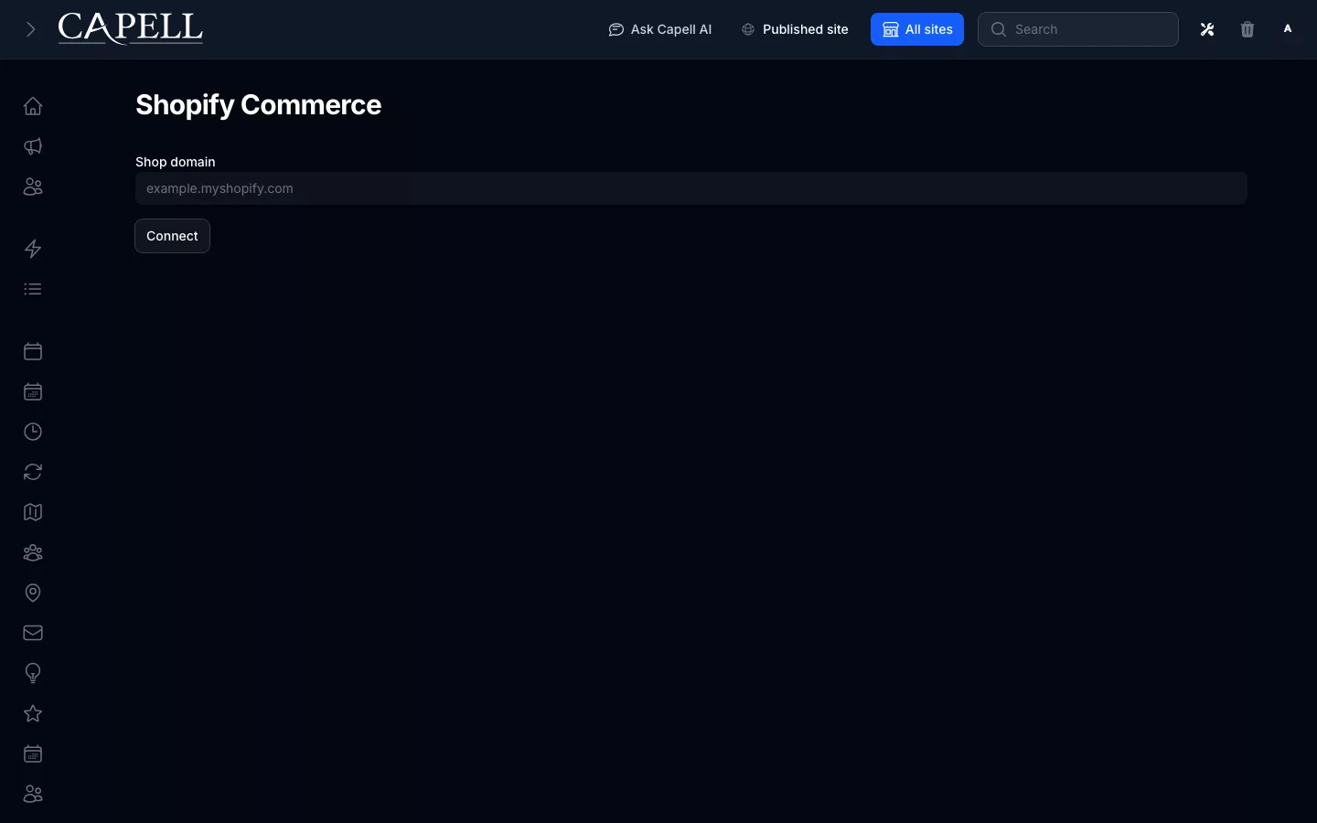 Shopify Commerce connected store page in dark mode