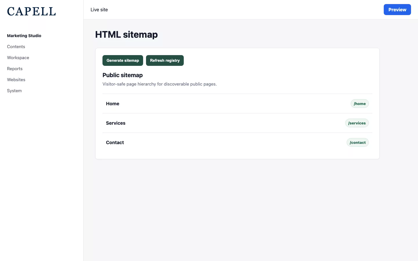 Public HTML sitemap page with discoverable page links