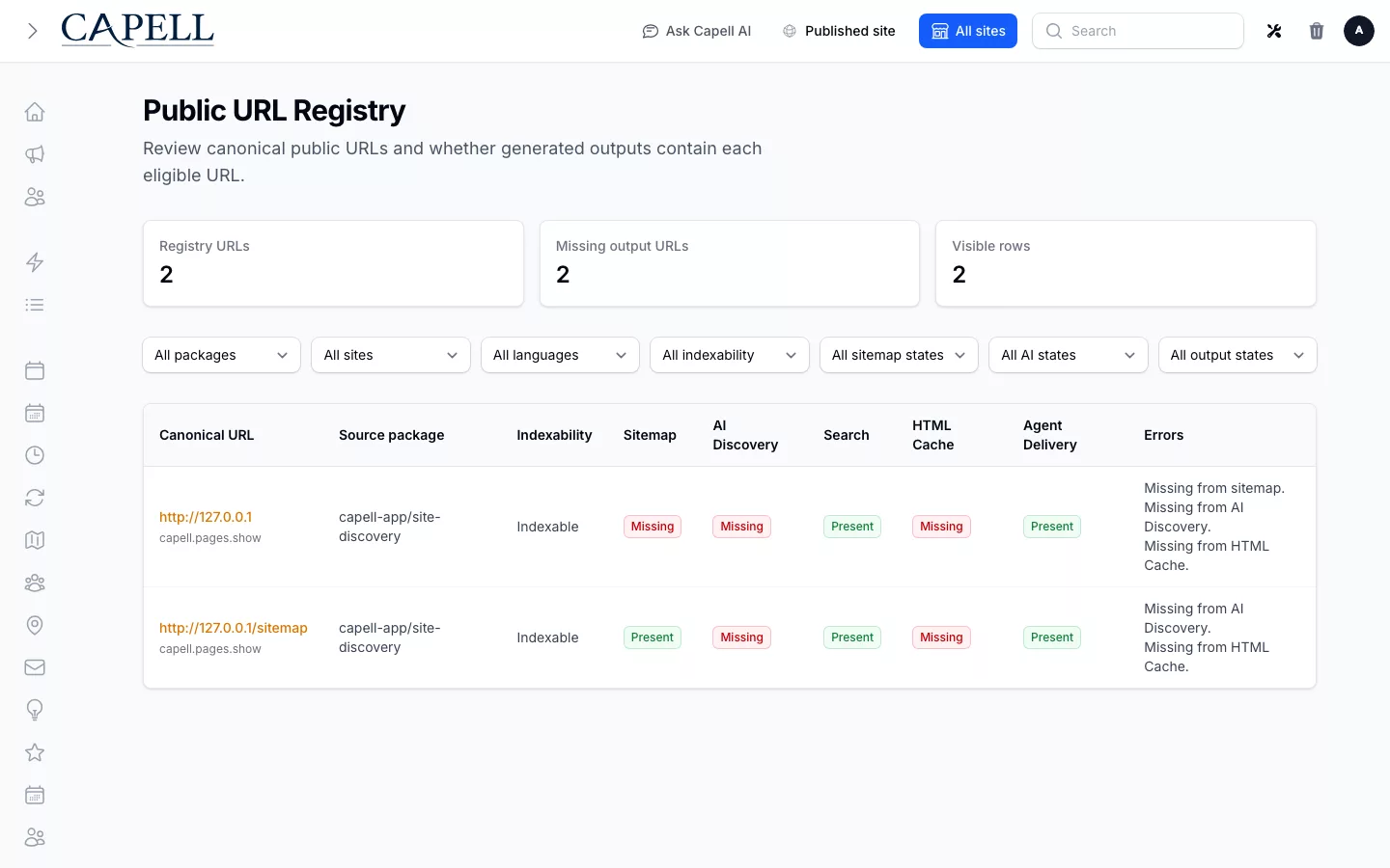 Public URL Registry admin page with generated output parity rows