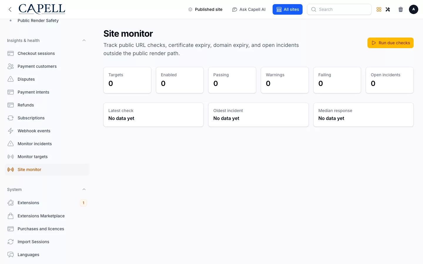 Site Monitor screenshot showing site monitor dashboard with admin sidebar menu open.