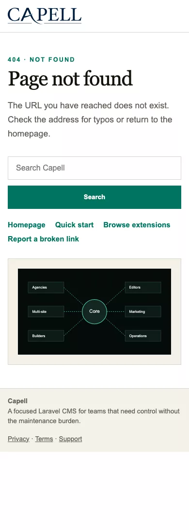 Smart 404 suggestions on an anonymous missing page at mobile width