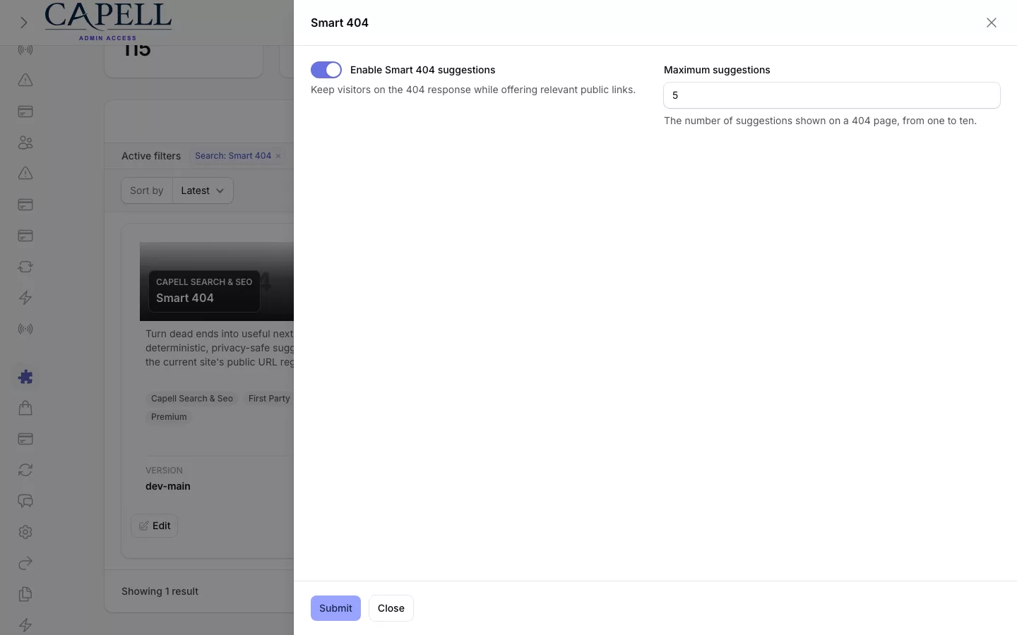Smart 404 settings modal in the authenticated Extensions admin