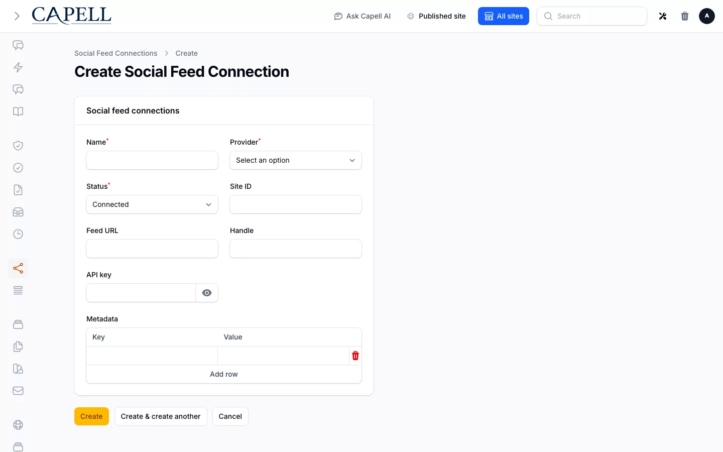 Social Feeds screenshot showing social feed connection setup.