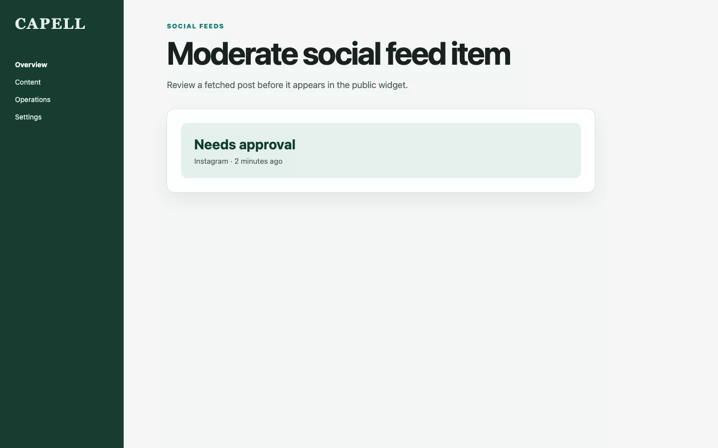 Social Feeds screenshot showing social feed item moderation.