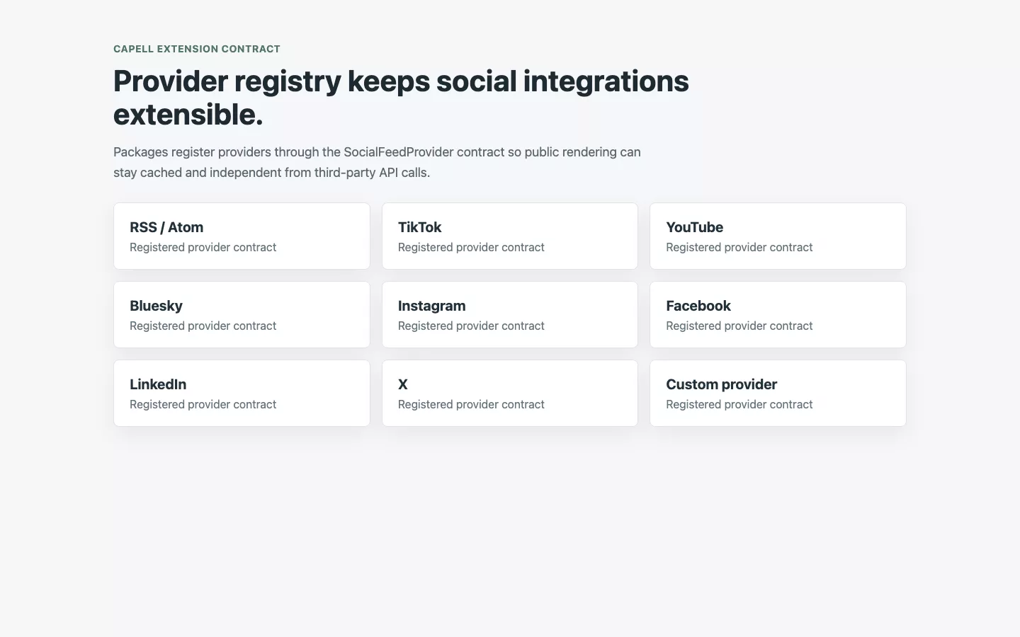Social Feeds provider registry diagnostics showing RSS TikTok YouTube Bluesky and custom providers.