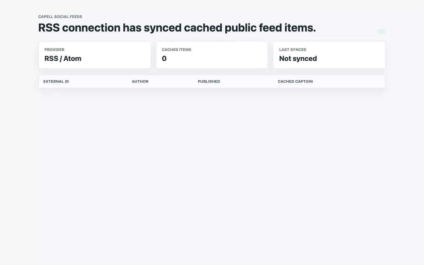 Social Feeds RSS sync state showing cached feed item records ready for public rendering.