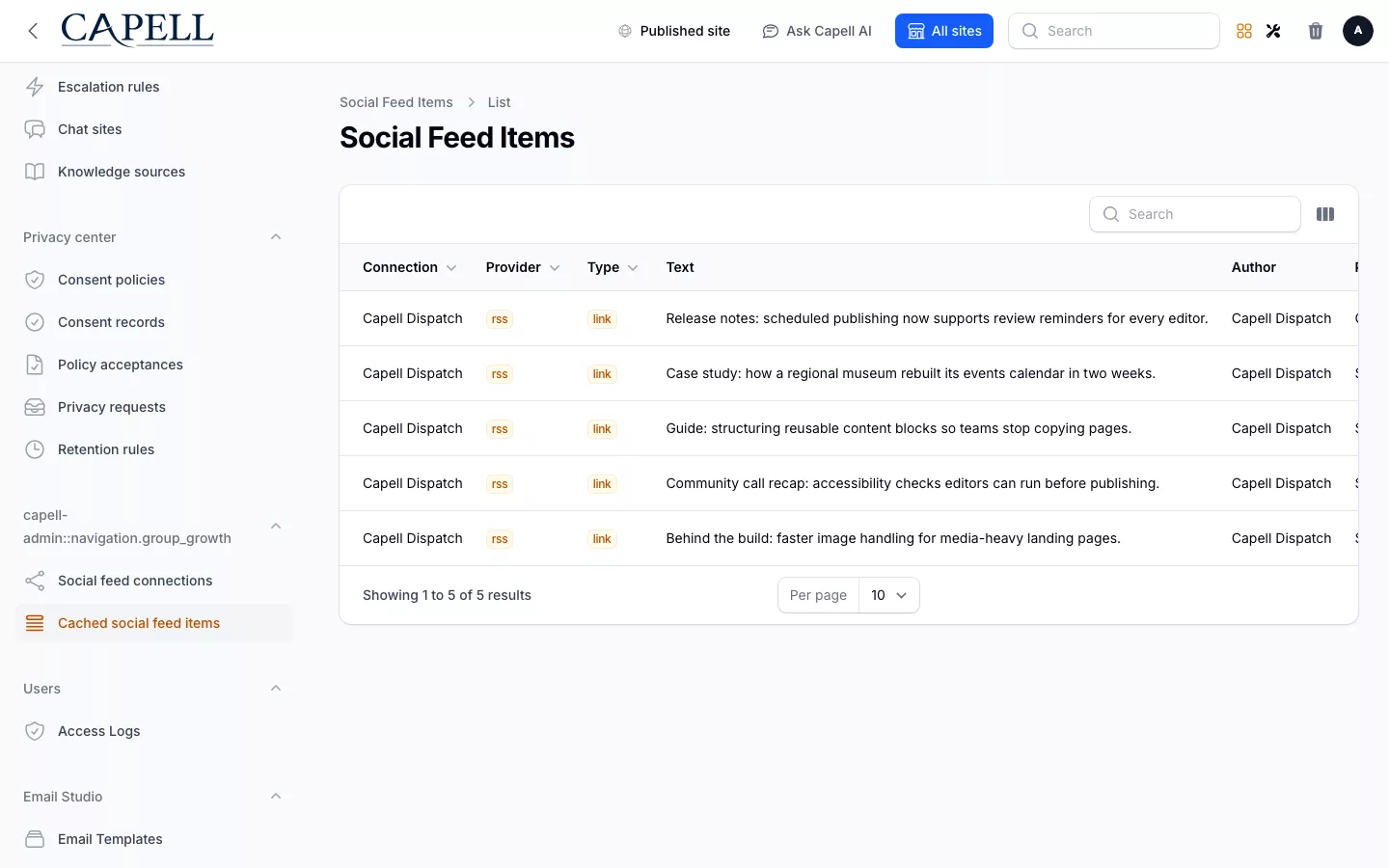 Social Feeds screenshot showing rss feed sync and cached items with admin sidebar menu open.