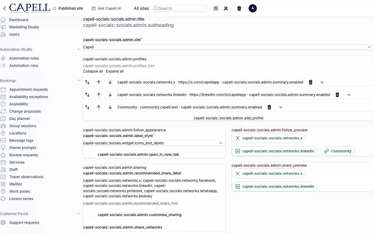 Socials screenshot showing site-scoped socials management with admin sidebar menu open.