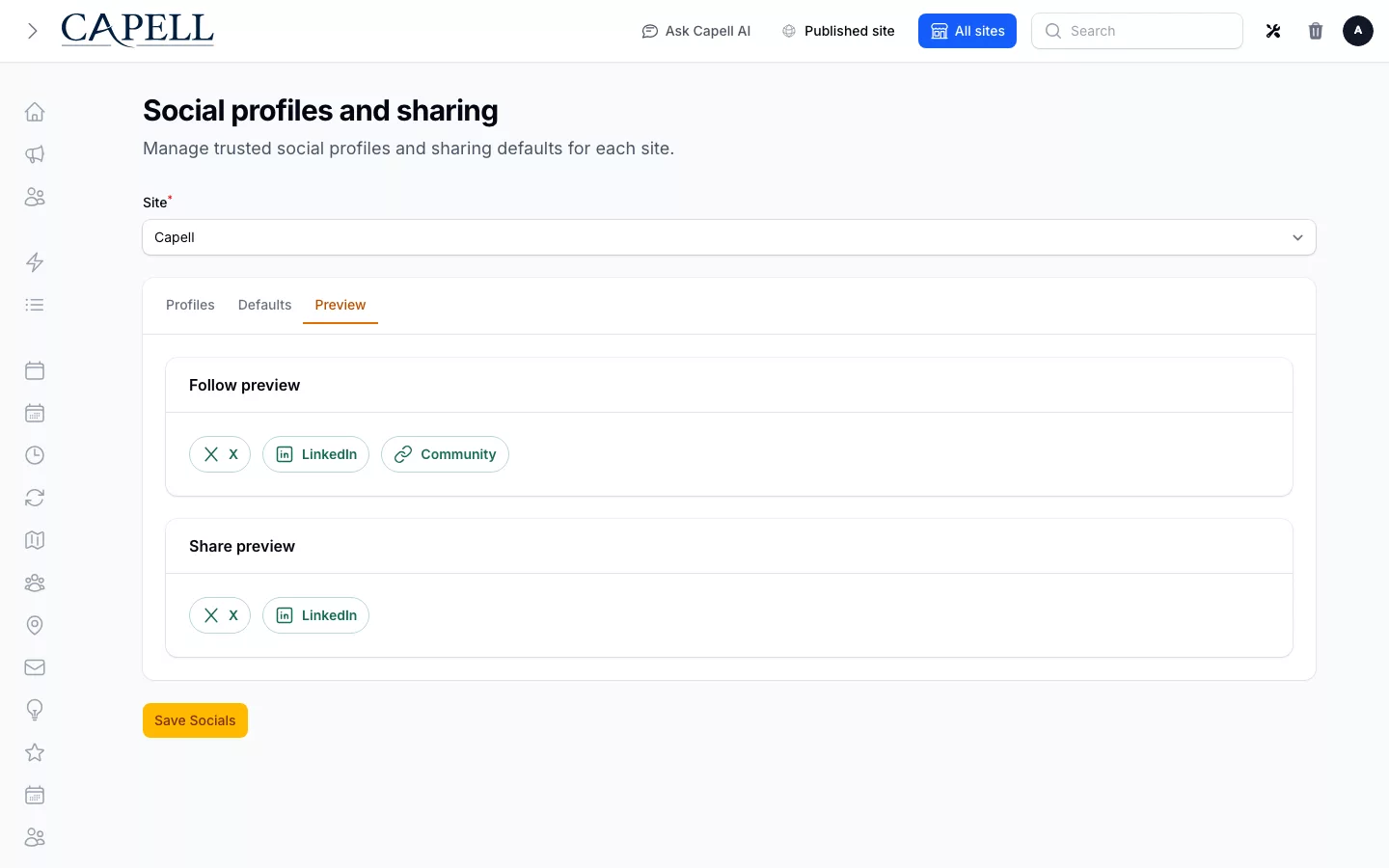 Socials follow and share defaults with their live preview.