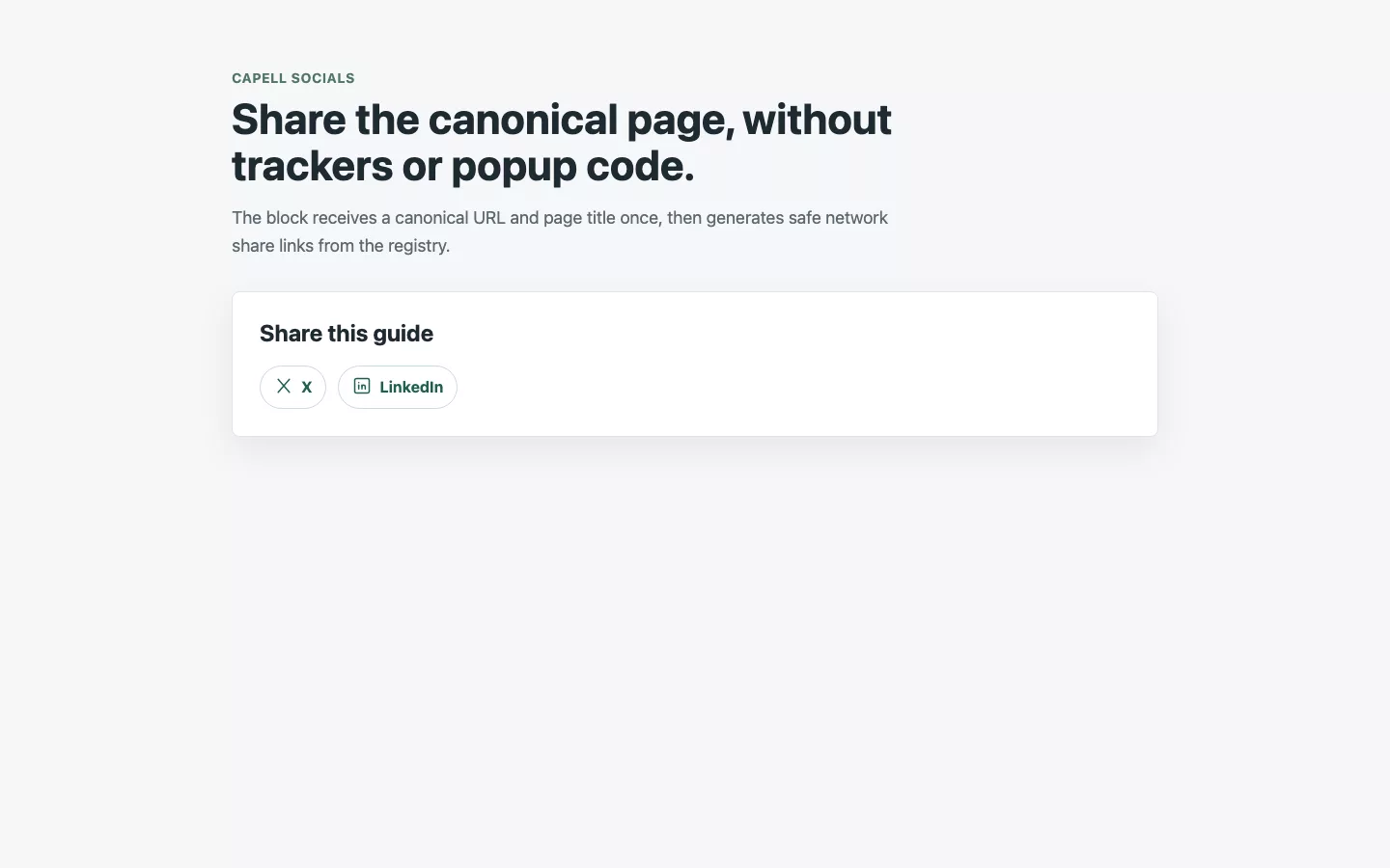 A public Socials share widget with canonical page links.