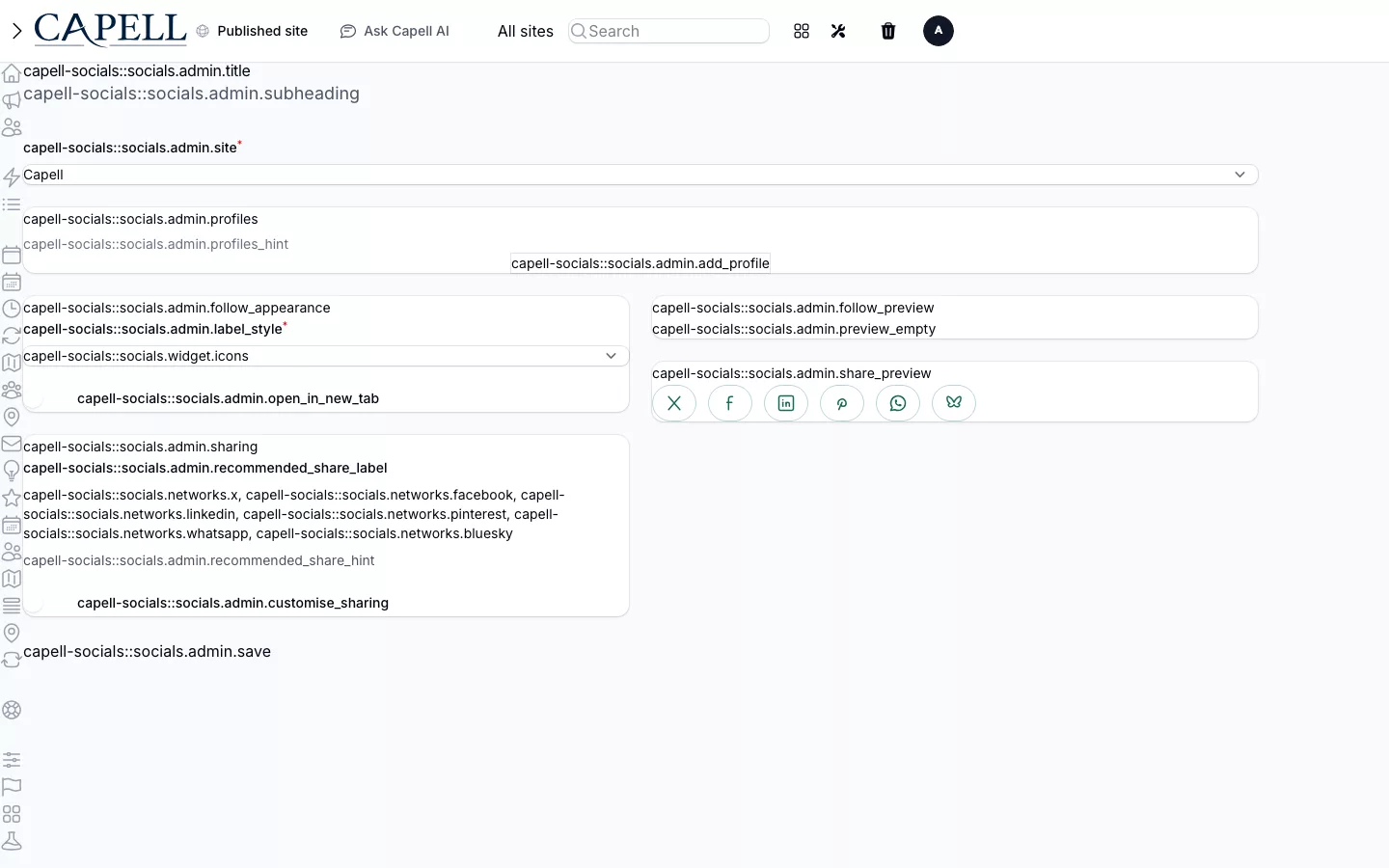 The site-scoped Socials profile editor in Capell Admin.