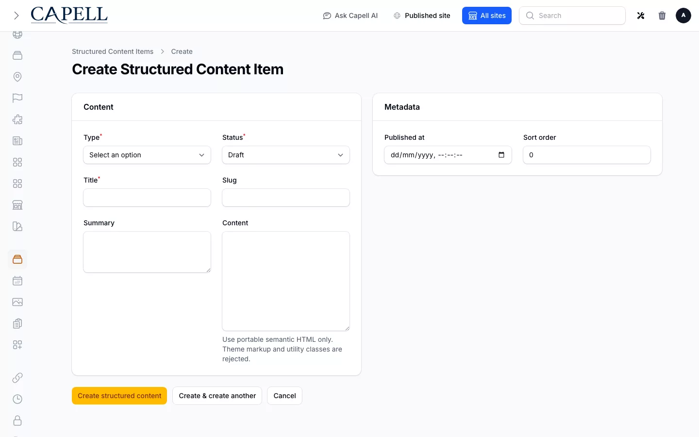 Structured Content Library screenshot showing structured content create form.