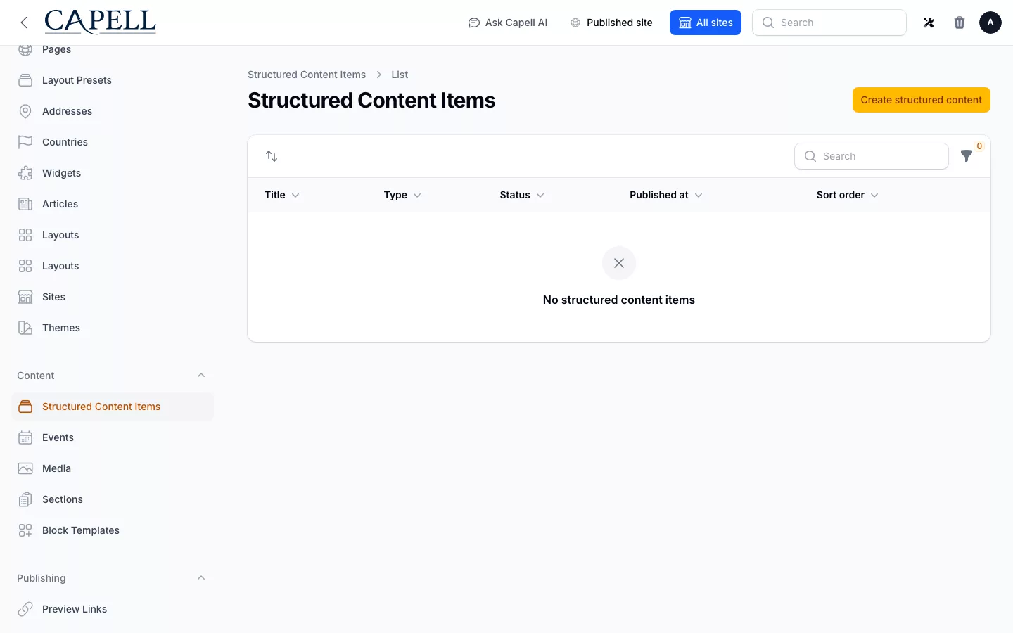 Structured Content Library screenshot showing structured content item list with admin sidebar menu open.