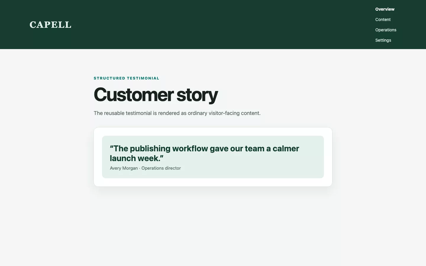 Structured Content Library screenshot showing structured content testimonial public render.
