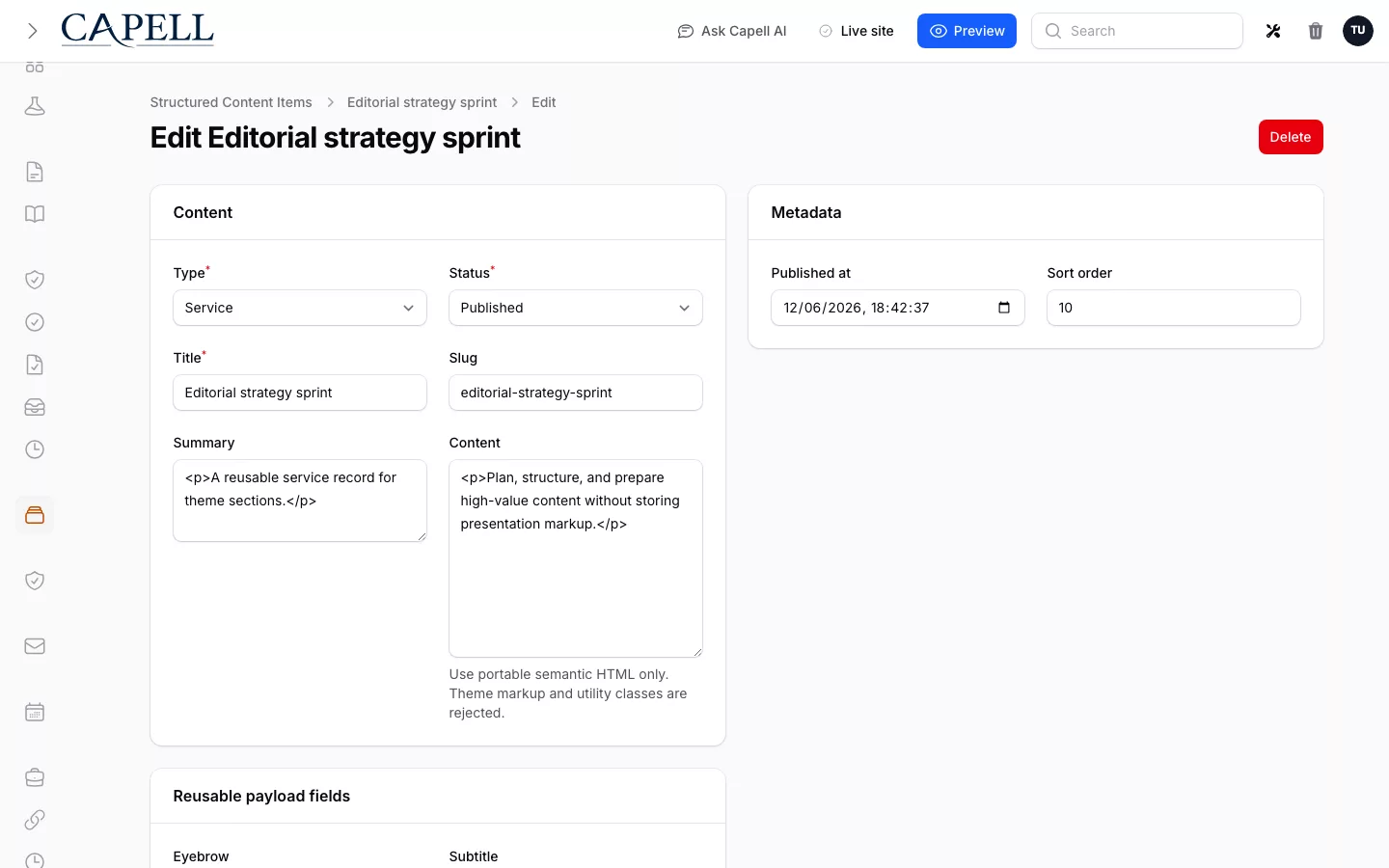 Structured Content Library screenshot showing structured content reusable item edit form.