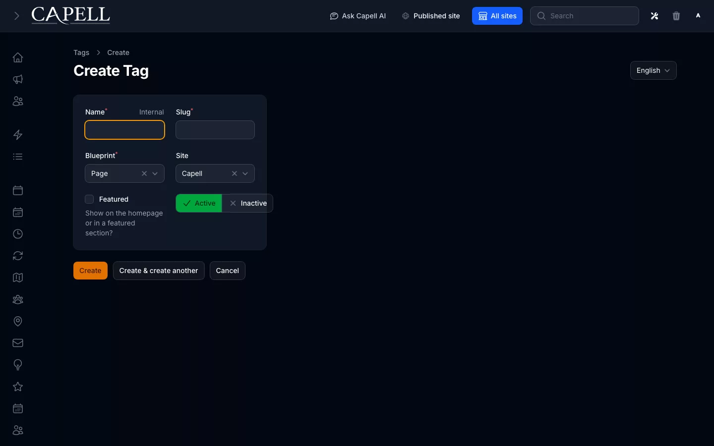 Create and edit tag form in dark mode.