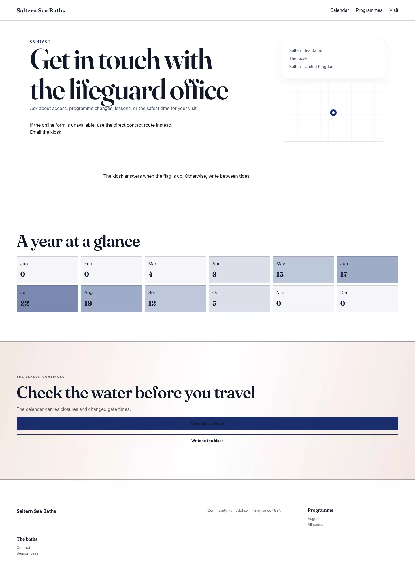 Almanac contact page with calendar-themed layout