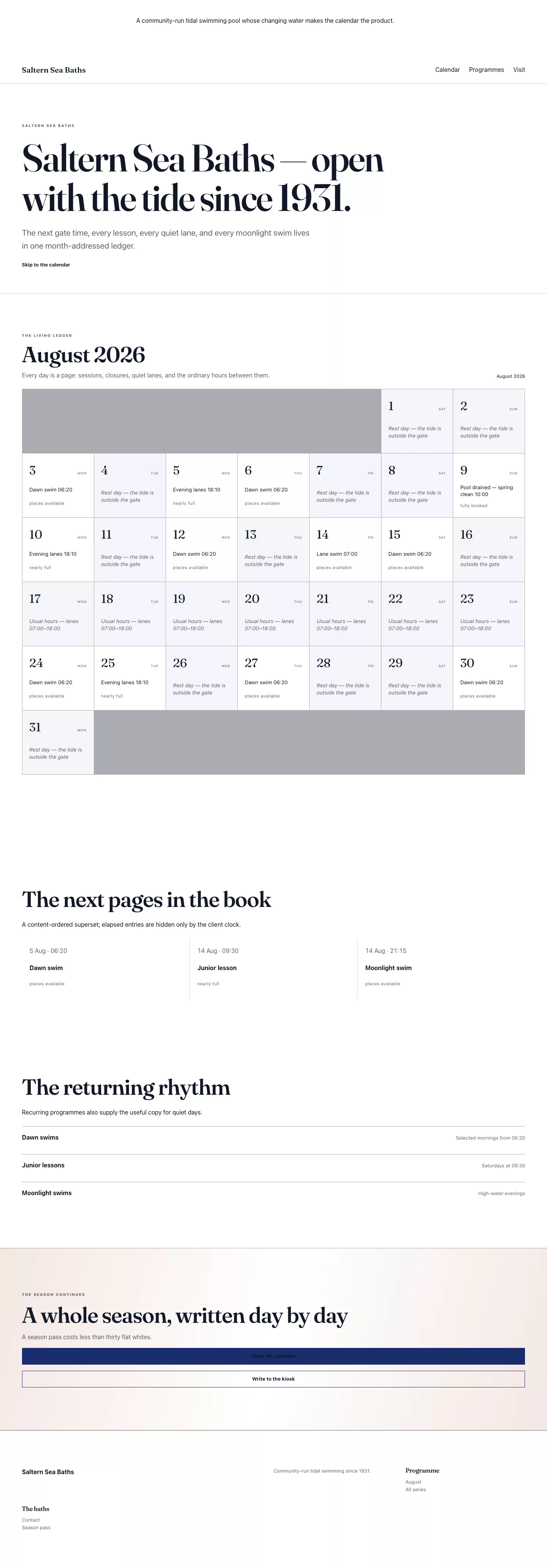 Almanac homepage with a month grid and featured calendar entry