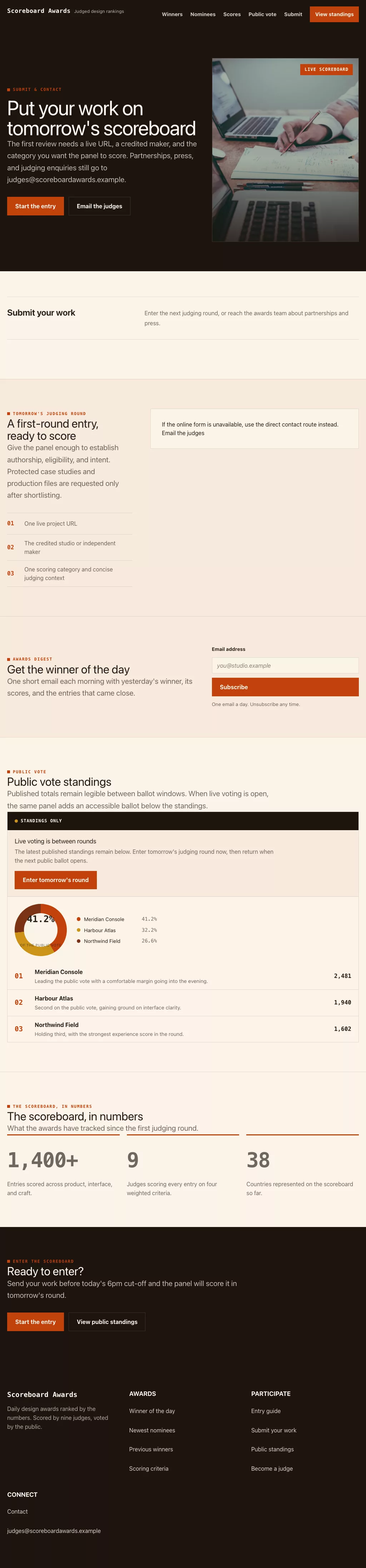 Awards Theme screenshot showing awards contact form — tablet.