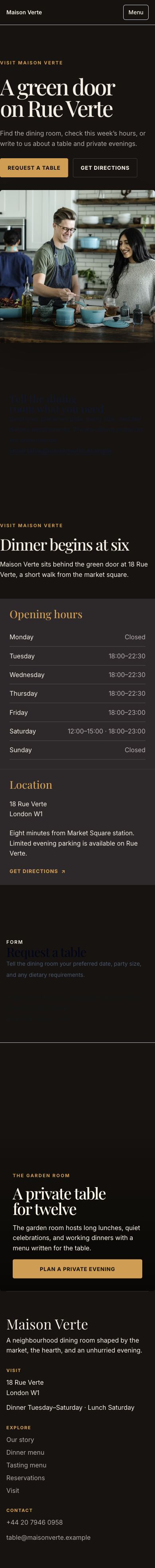 Bistro Theme screenshot showing bistro visit and contact — mobile.