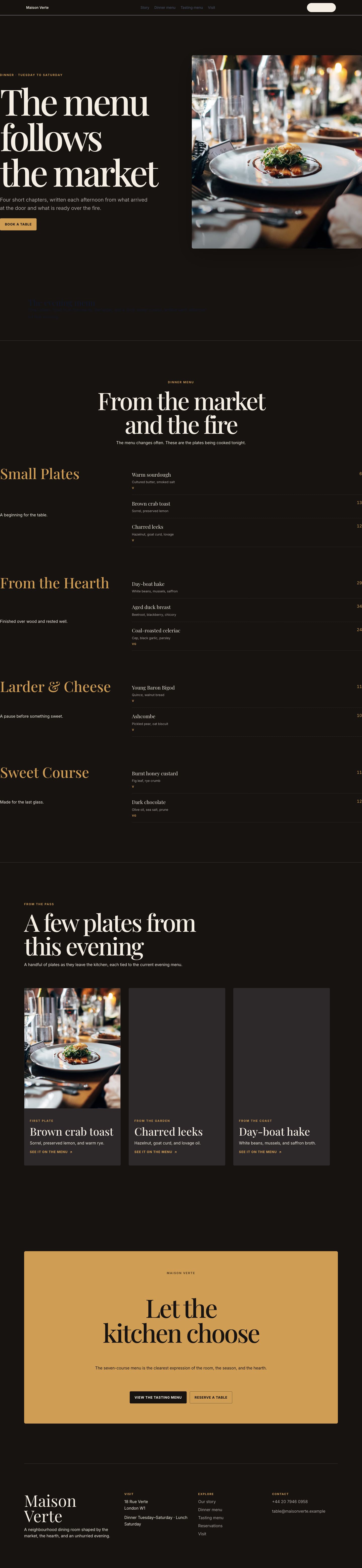 Maison Verte dinner menu with editorial dish listings