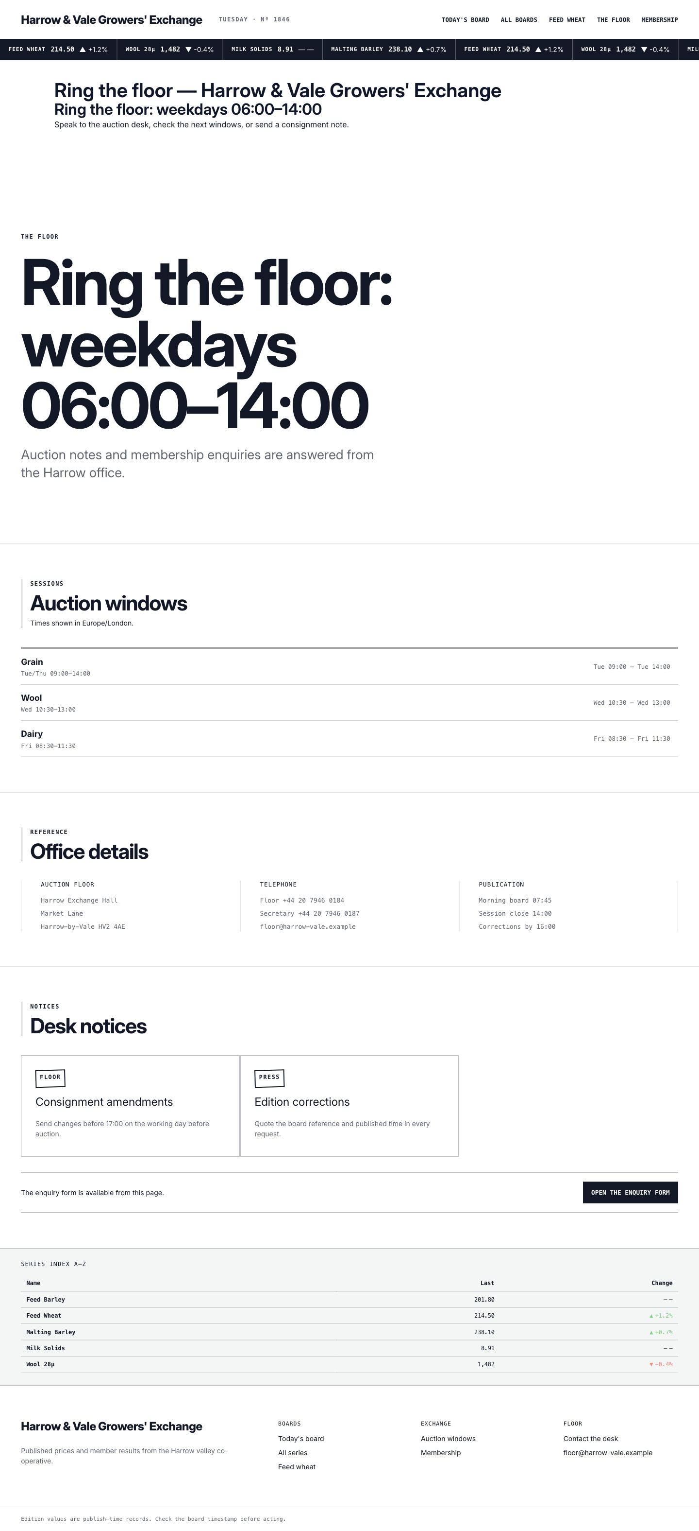 Broadsheet auction-floor contact page with session schedule and desk notices