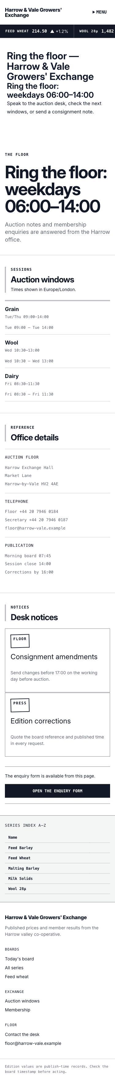 Broadsheet Theme screenshot showing broadsheet auction floor contact — mobile.