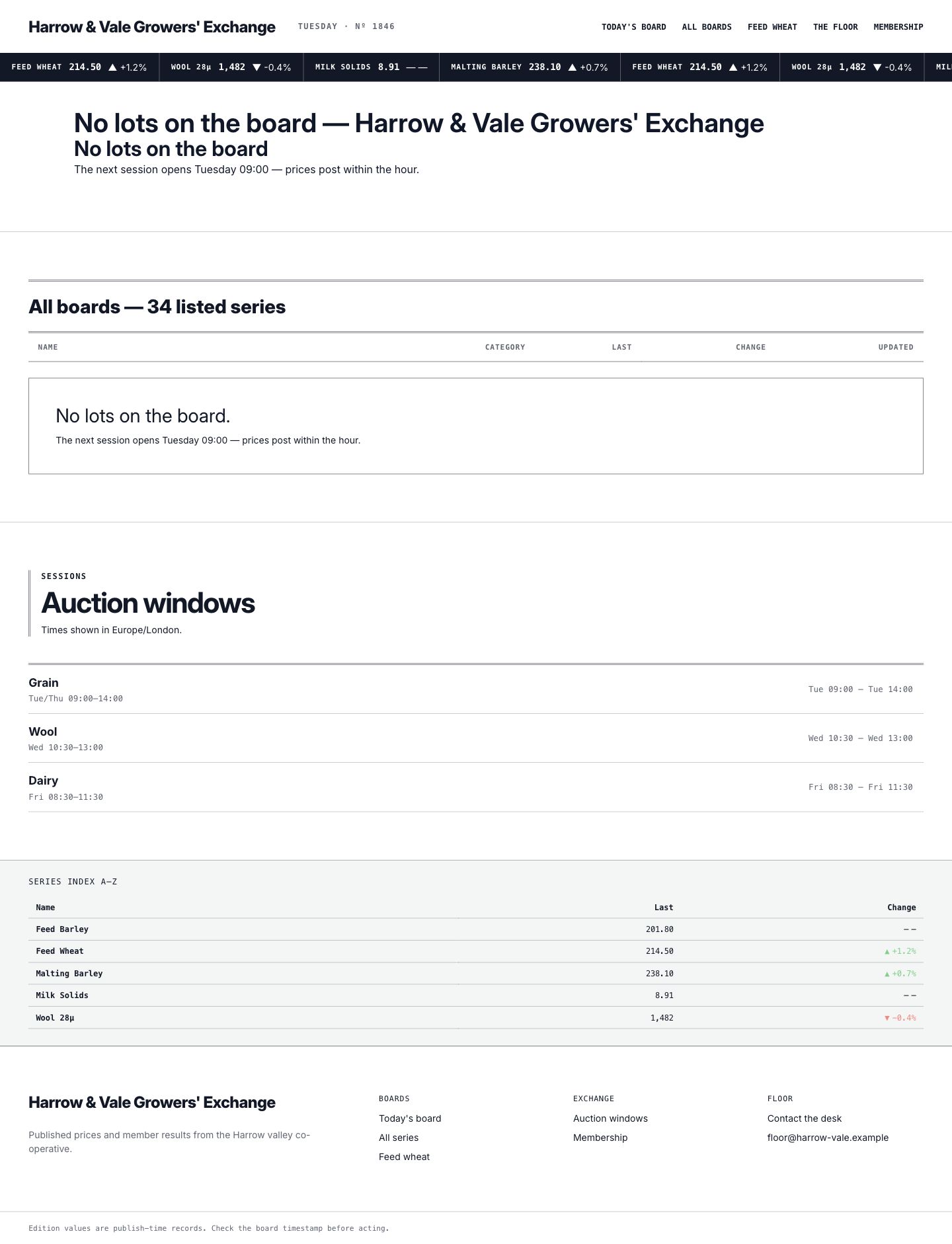 Broadsheet empty-state page with a clear way back to the published boards