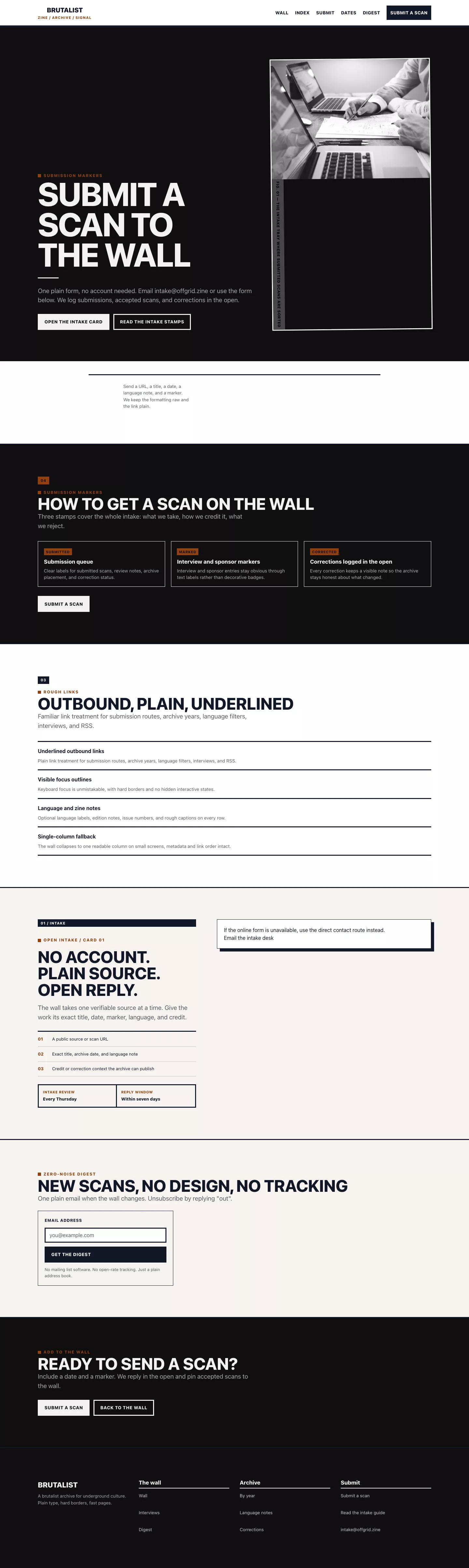 Brutalist Theme screenshot showing brutalist contact form.