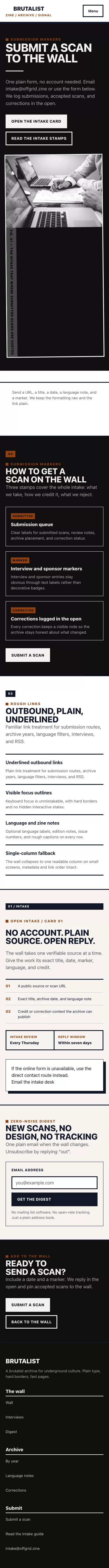 Brutalist Theme screenshot showing brutalist contact form — mobile.